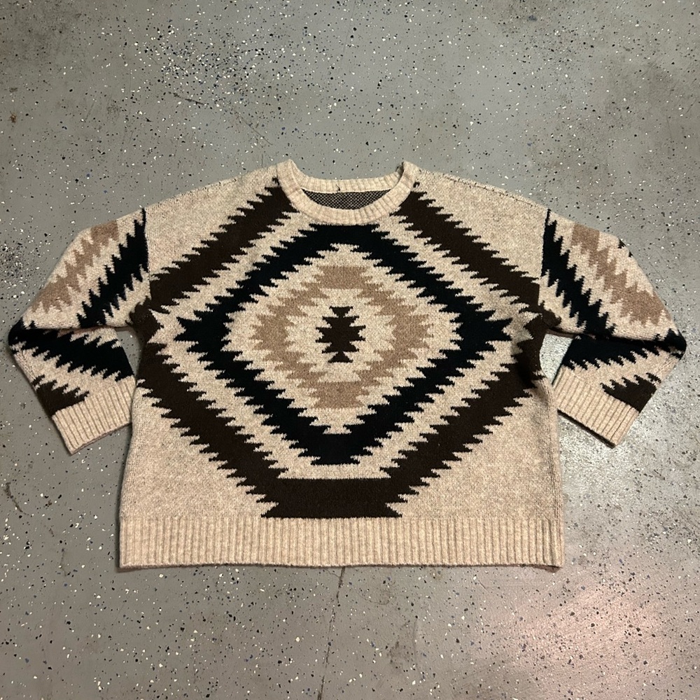 Cream and Brown Crewneck Sweater with Geometric Design